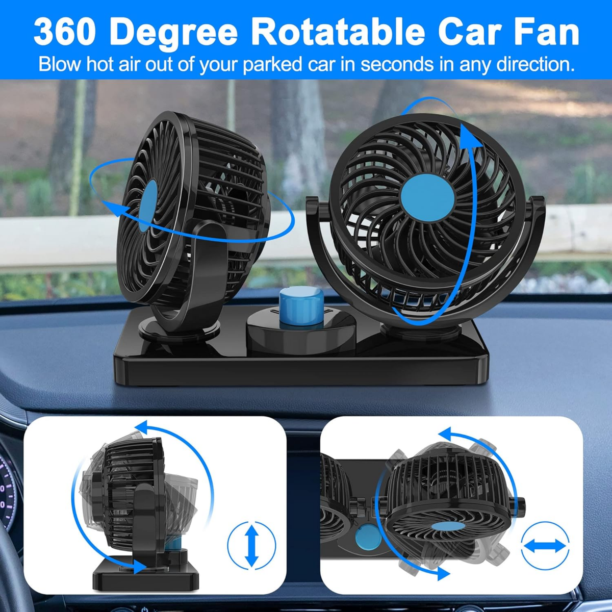 Ventilador Doble 360° para Auto | Doble Cabezal Giratorio