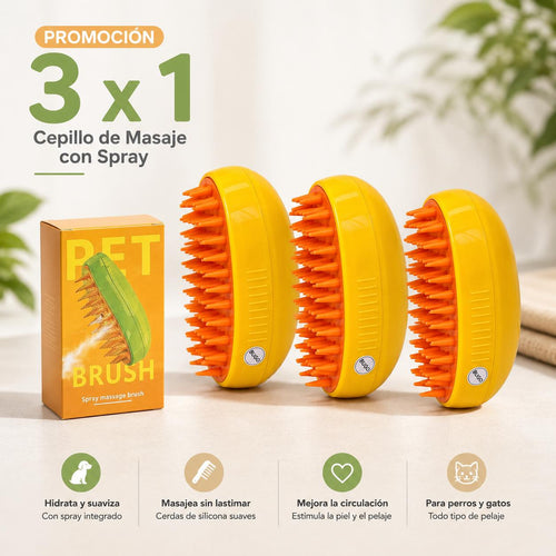 3x1 Cepillo de Masaje con Spray para Mascotas