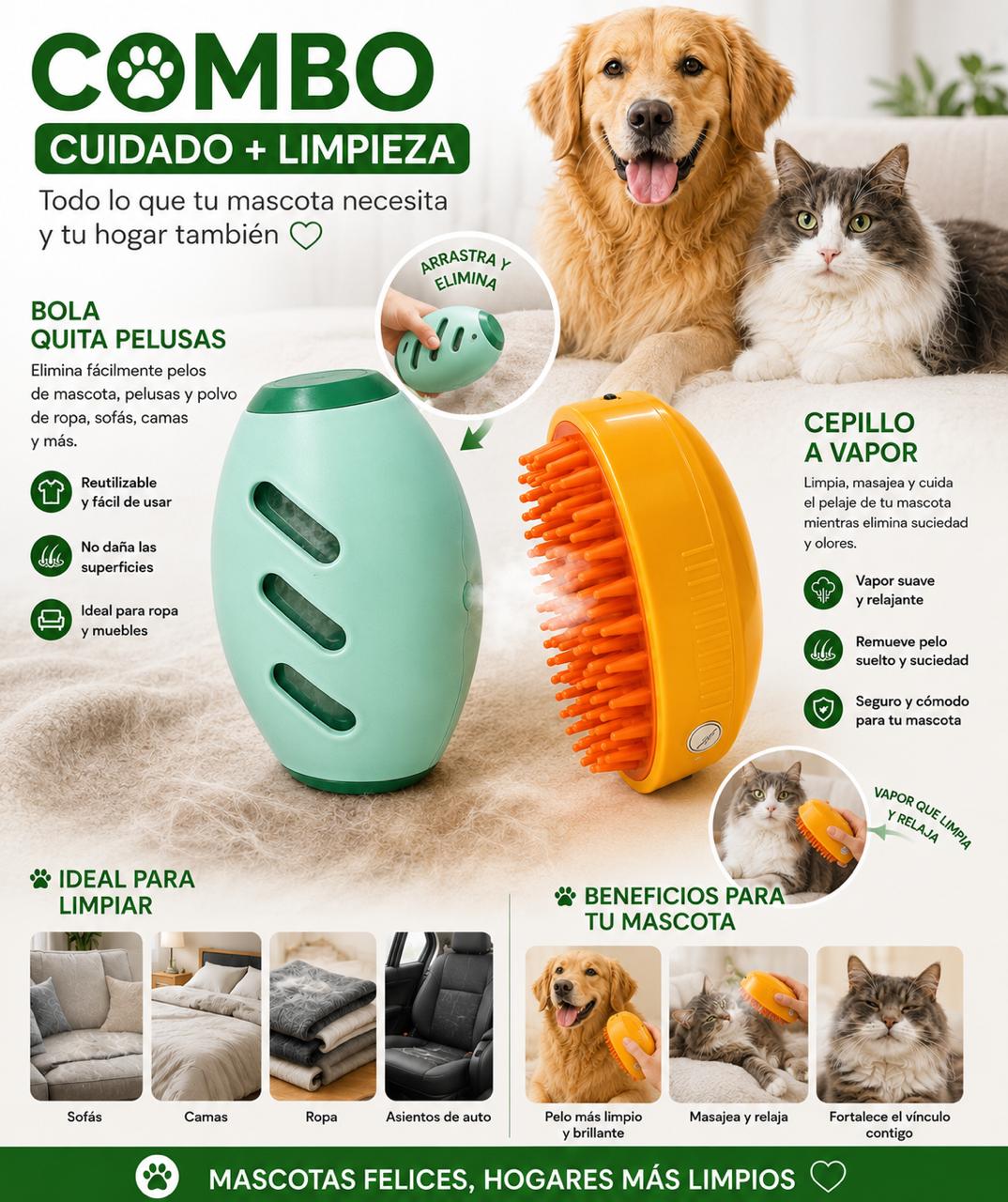 Combo Cepillo para Mascotas + Bola Quita Pelusas