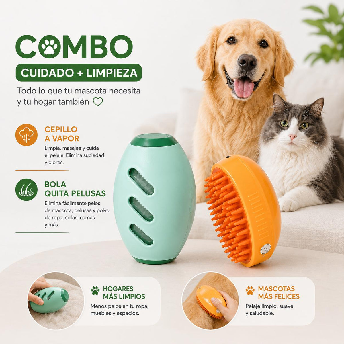 Combo Cepillo para Mascotas + Bola Quita Pelusas