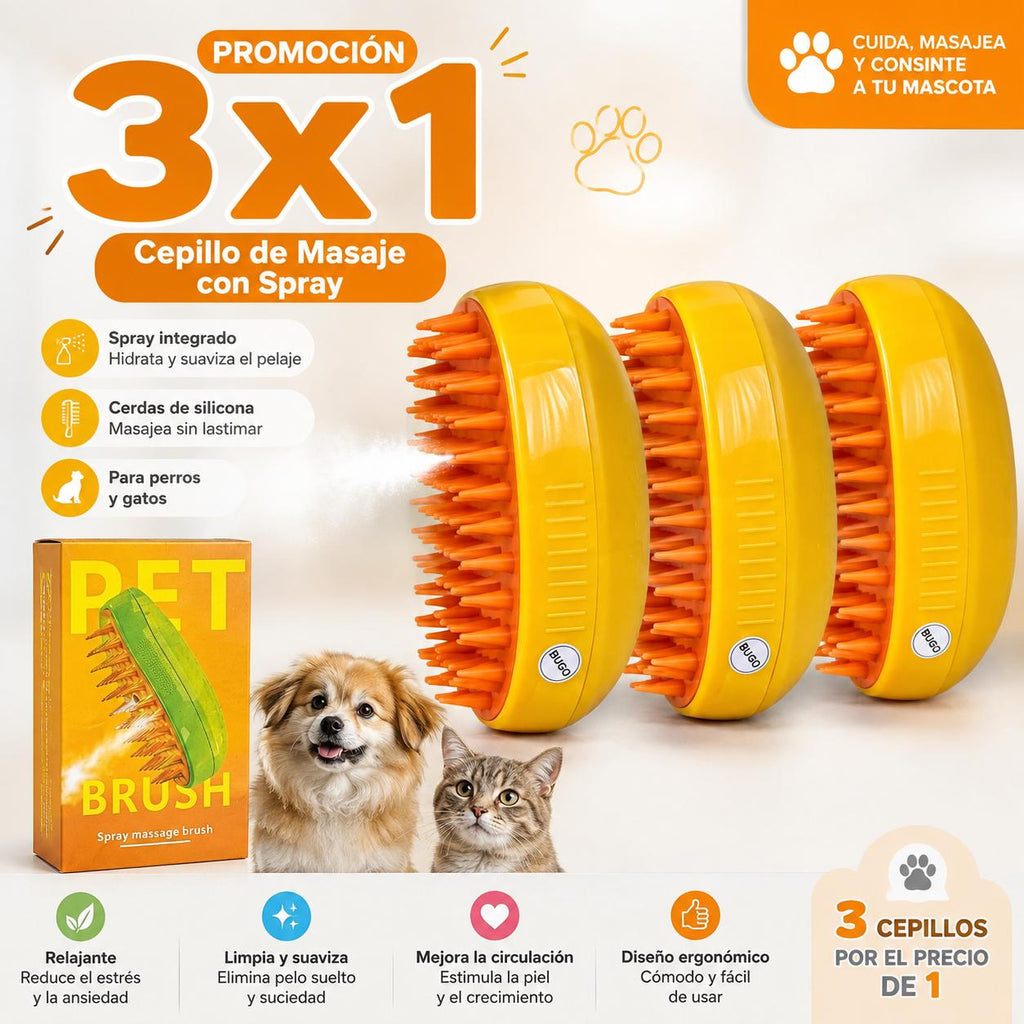 3x1 Cepillo de Masaje con Spray para Mascotas